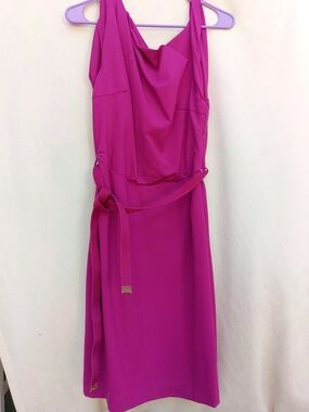 Mango Sleeveless Magenta Midi Dress with Draped Neck and Tie Belt